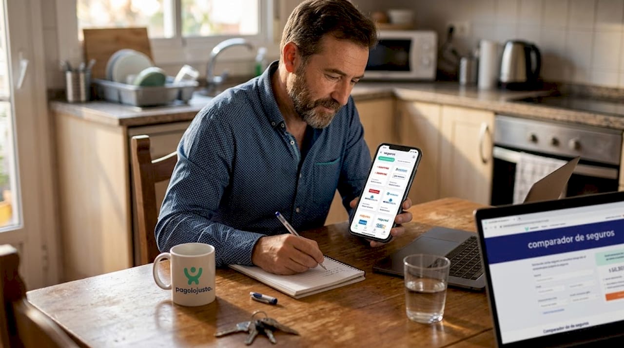 Un hombre revisa diferentes opciones de seguros desde su móvil y apunta los detalles más importantes.
