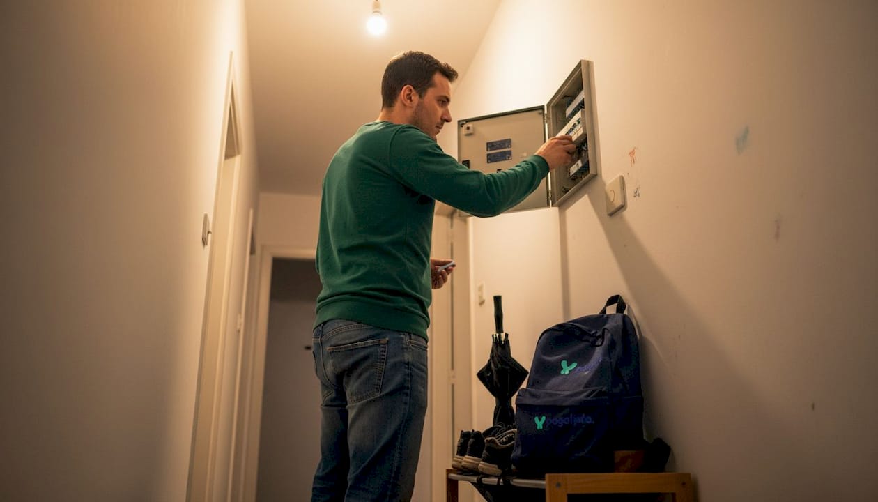 Hombre revisando el cuadro de luces en casa