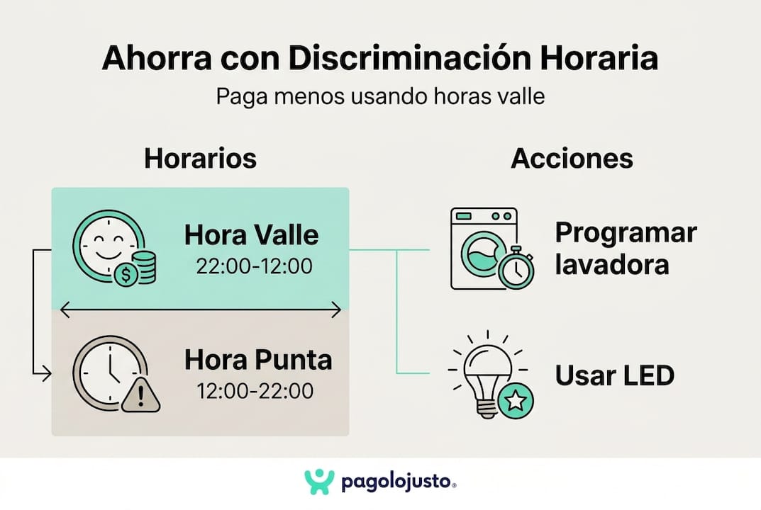 Infografía sobre cómo aprovechar las tarifas con discriminación horaria para ahorrar en la factura de la luz