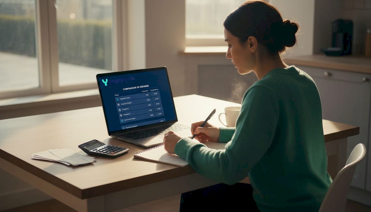 Una mujer revisa y compara diferentes opciones de seguros desde su portátil.