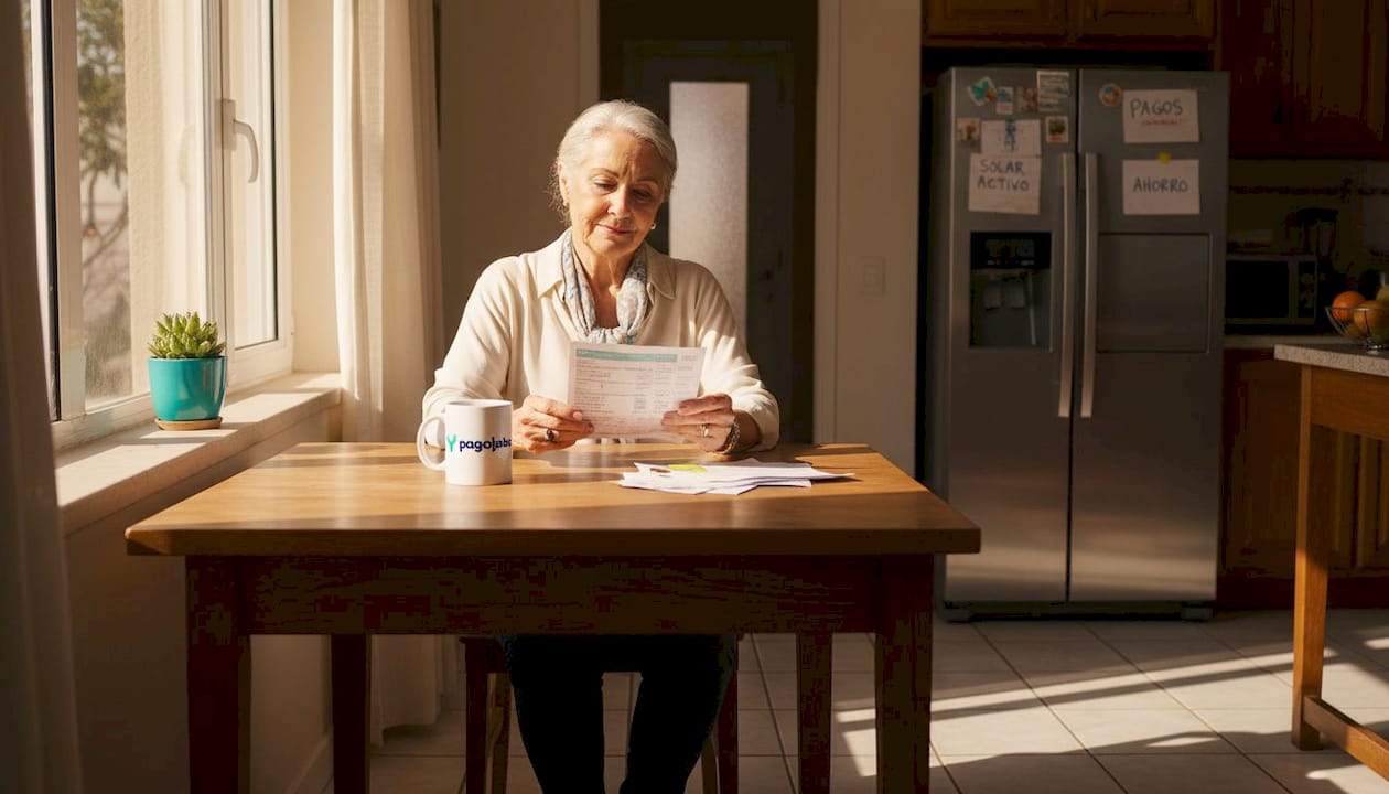 Una mujer revisa el recibo de la luz mientras está en la cocina.