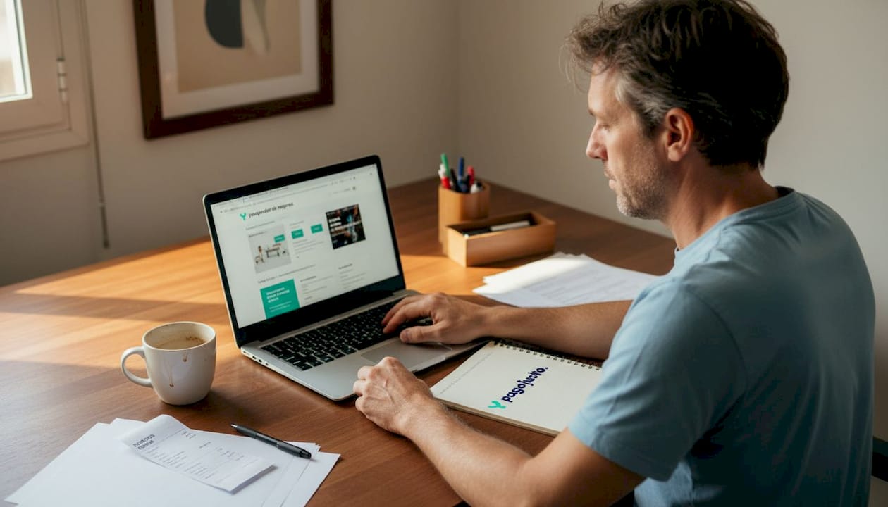 Un hombre revisa y compara diferentes seguros desde su portátil mientras está en casa.