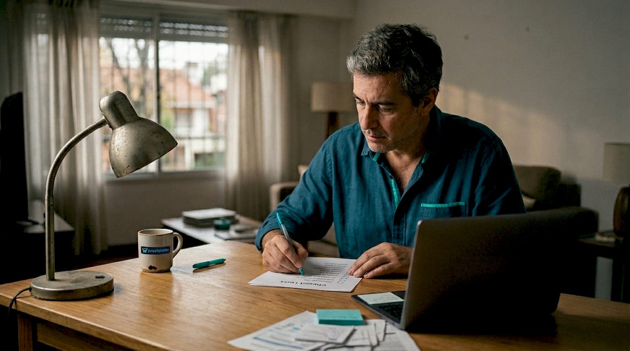 Hombre revisando la lista de requisitos de su seguro de salud desde la comodidad de su hogar