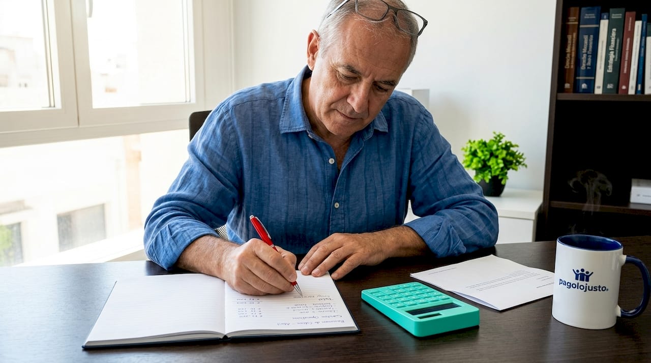 Señor mayor revisando en su libreta cuánto le costará el seguro