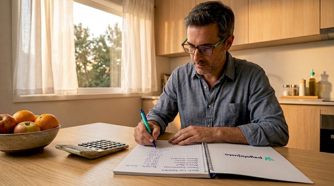Persona adulta revisando los gastos del hogar en su libreta