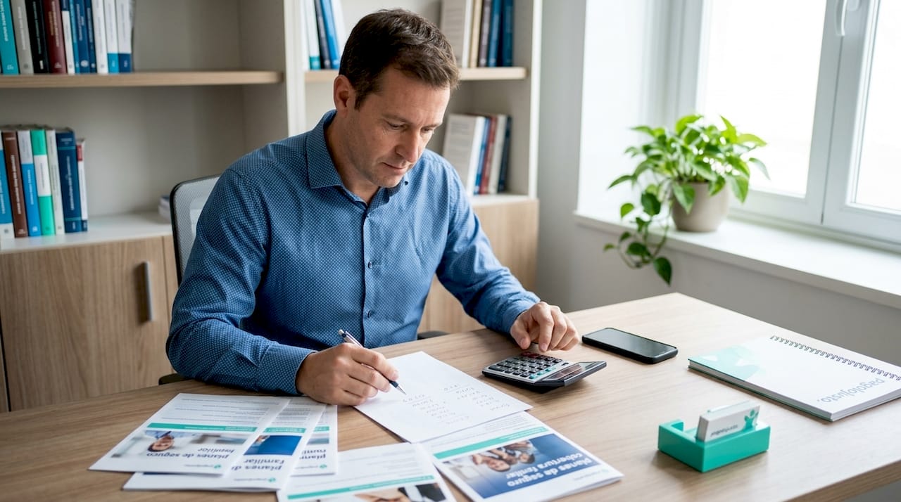 Un hombre revisa y compara diferentes opciones de seguros sentado en la mesa del comedor.