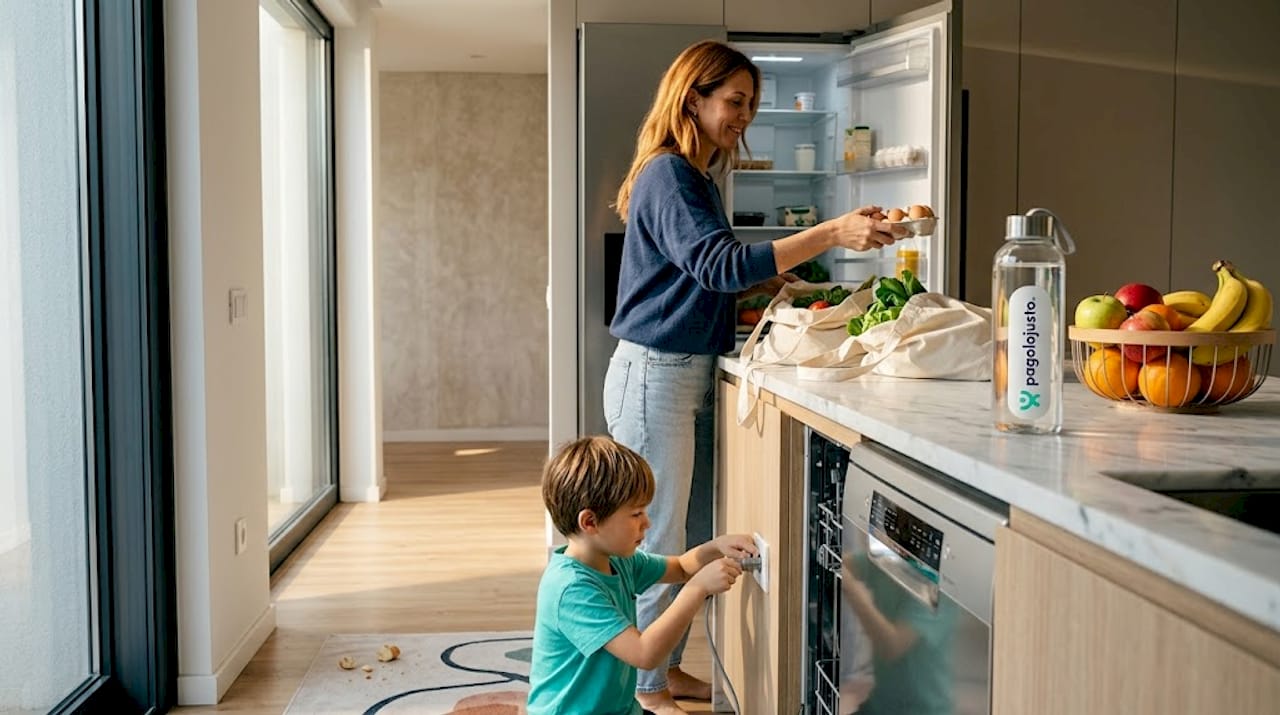 Una familia prepara la comida en la cocina aprovechando electrodomésticos de bajo consumo energético.
