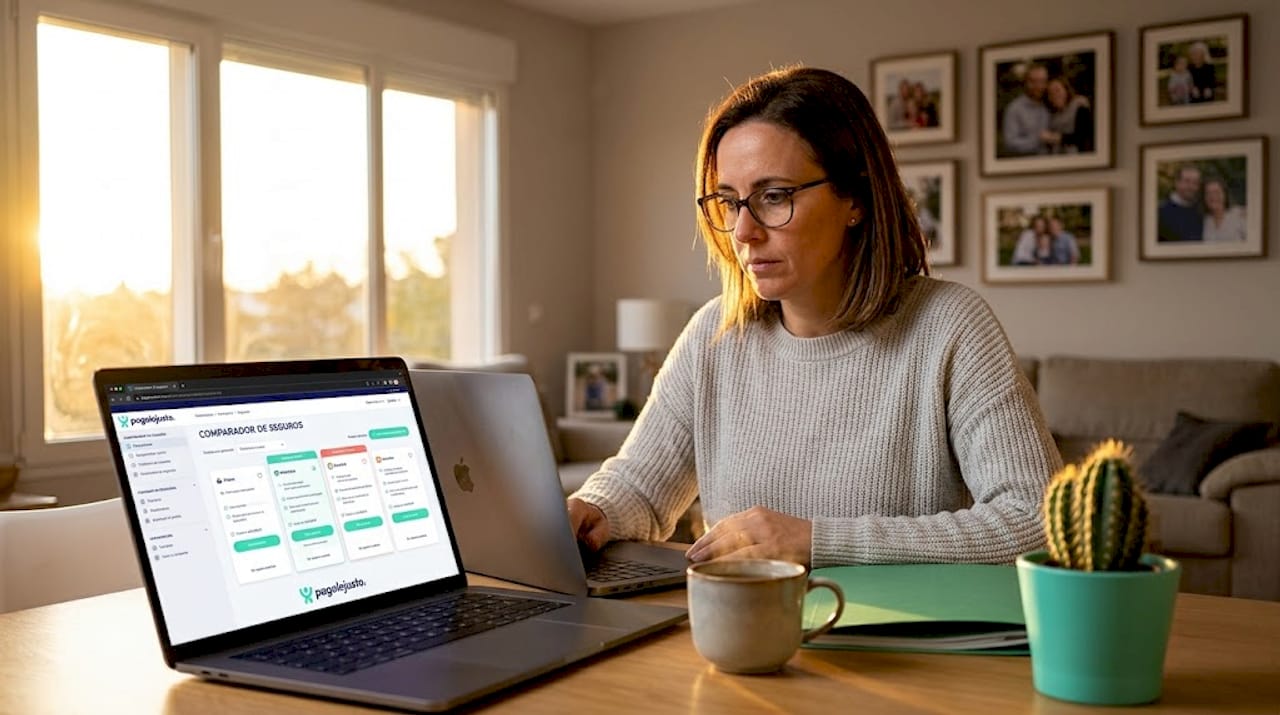 Una mujer revisa y compara diferentes opciones de seguros desde la comodidad de su ordenador en casa.