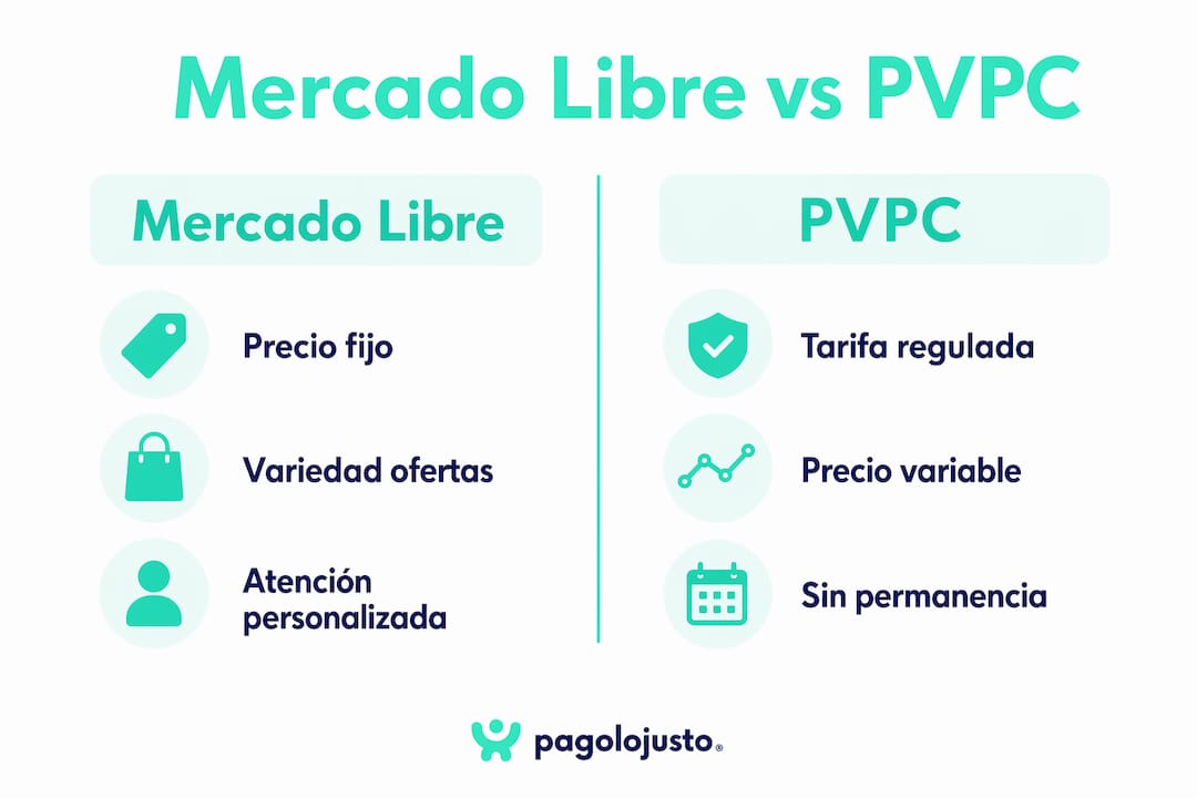 Infografía sobre las diferencias de ahorro en la factura de la luz: mercado libre vs. tarifa regulada (PVPC)