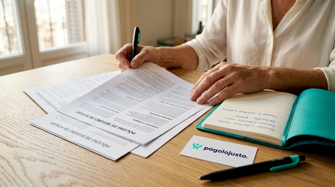 Unas manos revisando documentos de seguros y tomando notas con un bolígrafo.