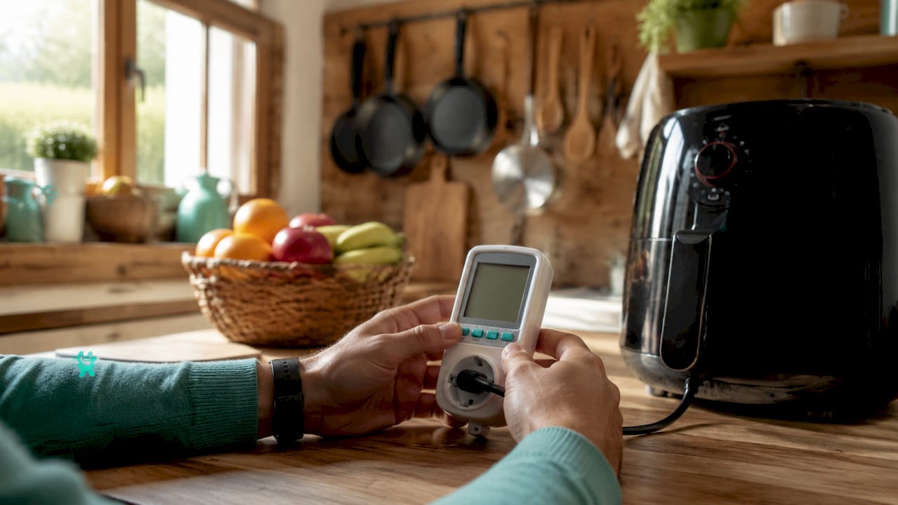 Manos comprobando cuánta energía consume un electrodoméstico