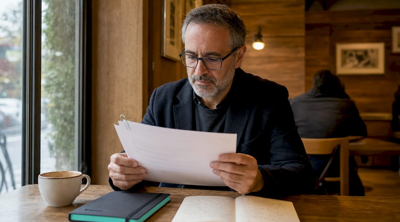 Hombre revisando papeles relacionados con la seguridad financiera