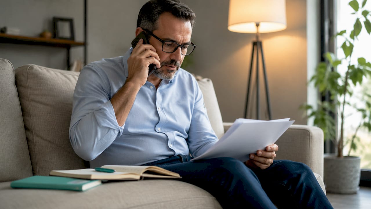 Un hombre contacta a su agente de seguros por teléfono.