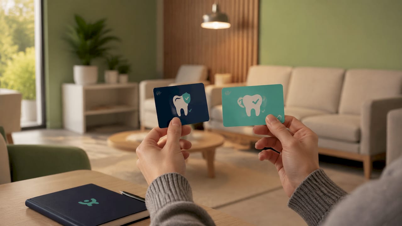 Varias manos mostrando tarjetas con información para comparar diferentes seguros de salud