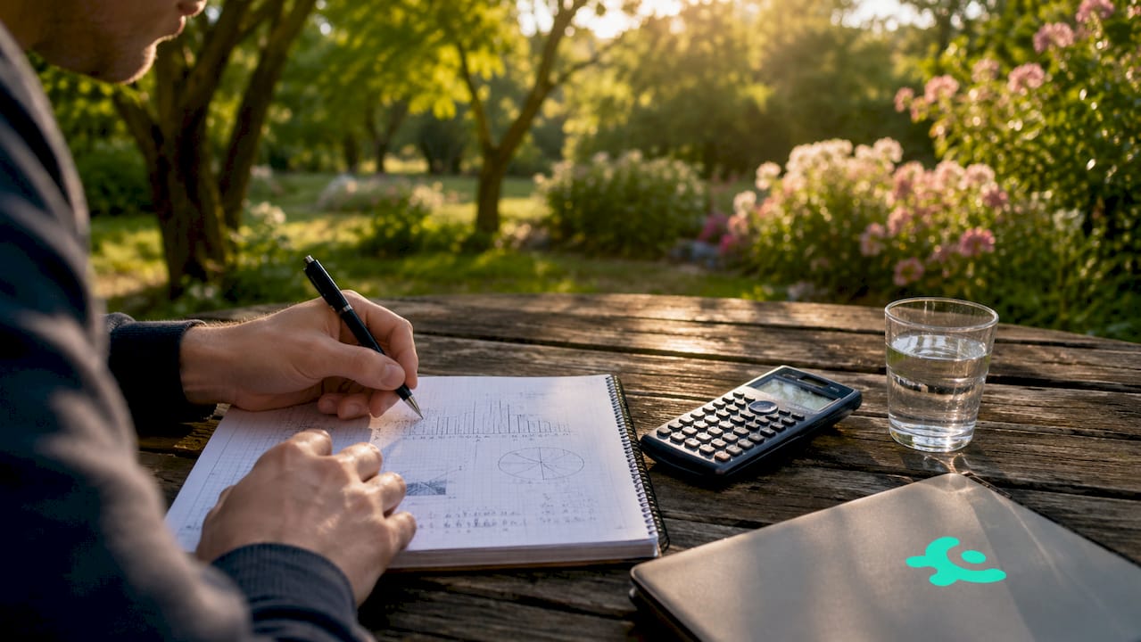 Una persona anotando el valor venal en su libreta mientras hace cálculos con la calculadora