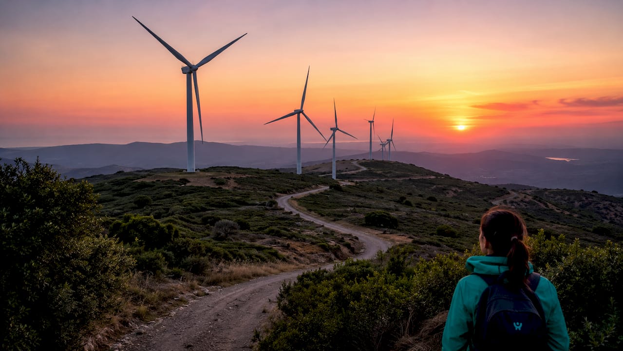 Paisaje de colinas con aerogeneradores que producen energía limpia