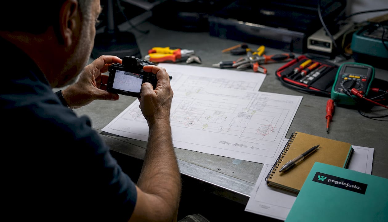 Una mano toma una foto de un cuadro eléctrico para analizar su estado.