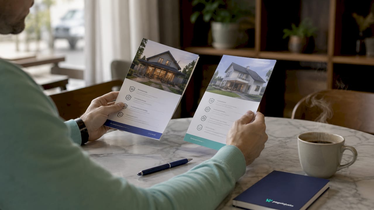 Manos revisando y comparando diferentes pólizas de seguro de hogar sobre una mesa