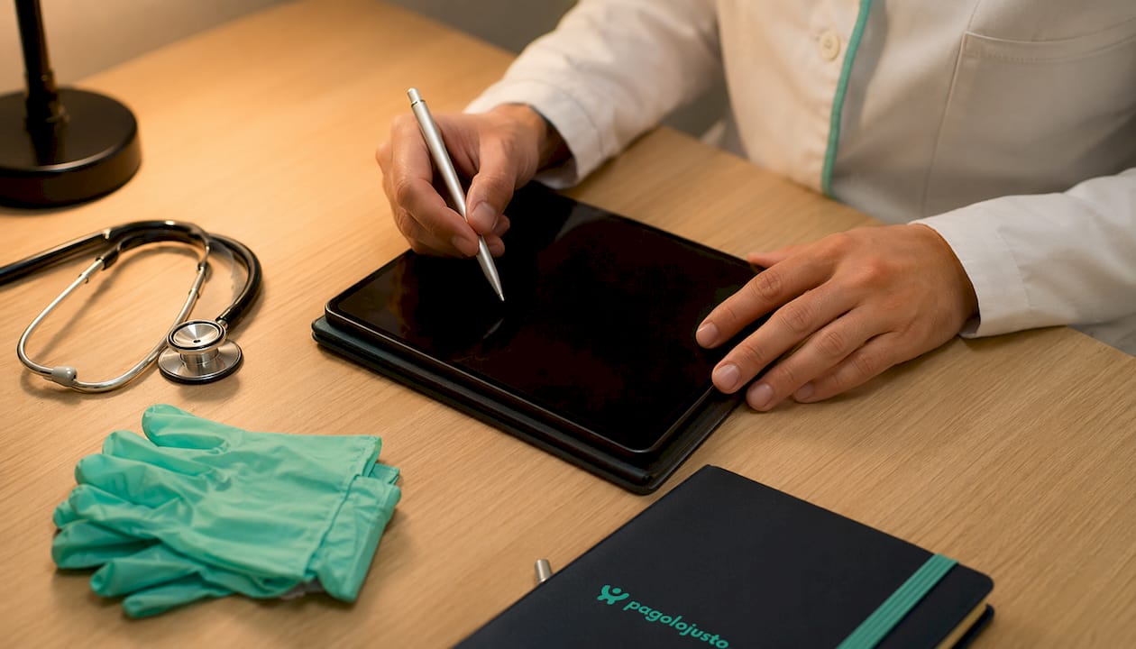 Un médico sostiene una tablet mientras utiliza su instrumental clínico