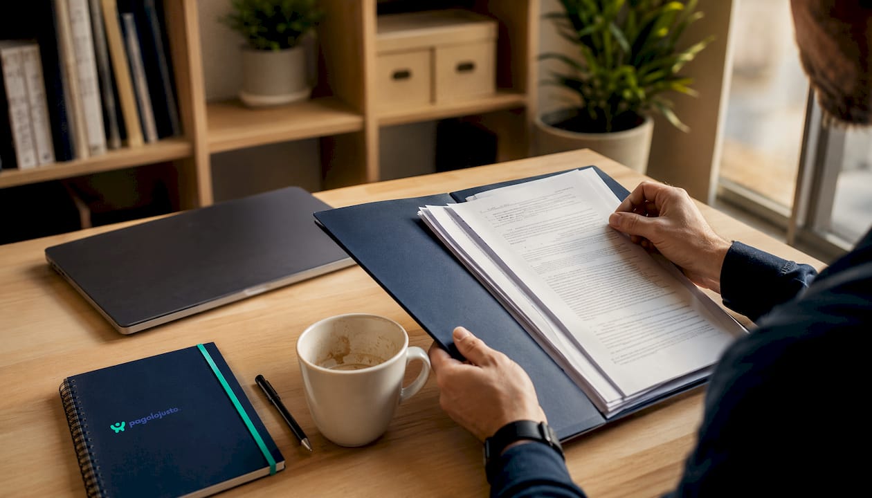 Unas manos revisando papeles de seguros sobre un escritorio blanco