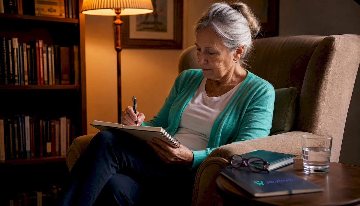 Señora mayor sentada en un sillón, escribiendo en su cuaderno
