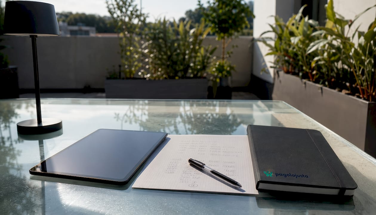 Escritorio de oficina con una tablet apagada y anotaciones de cálculos de IBAN