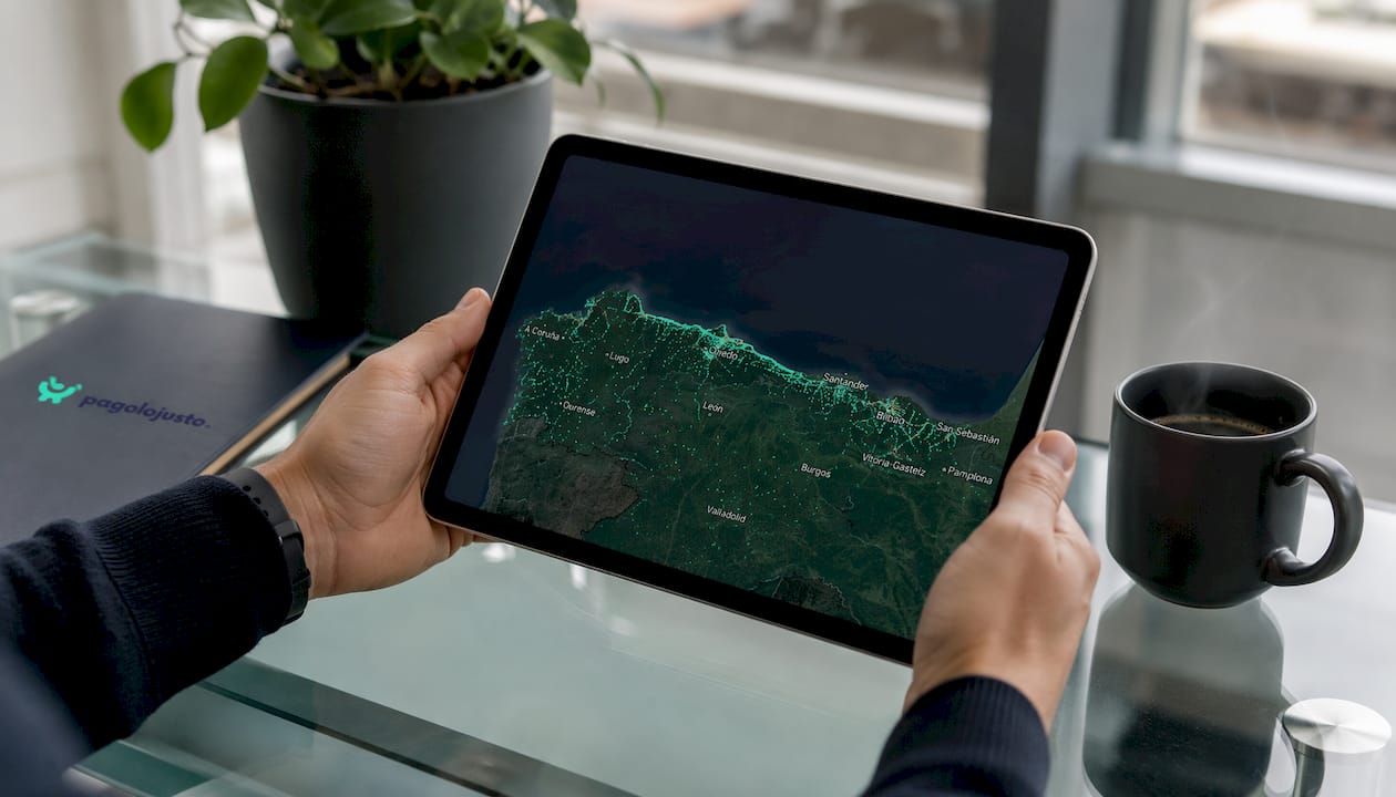 Una persona sostiene una tablet donde se muestra el mapa de cobertura de fibra óptica.