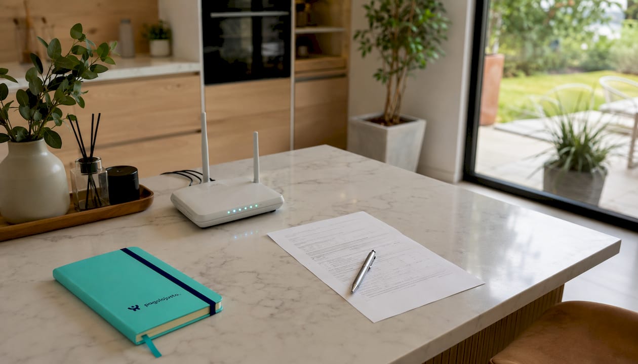Router de fibra óptica colocado en una estantería del salón, con mucha luz natural