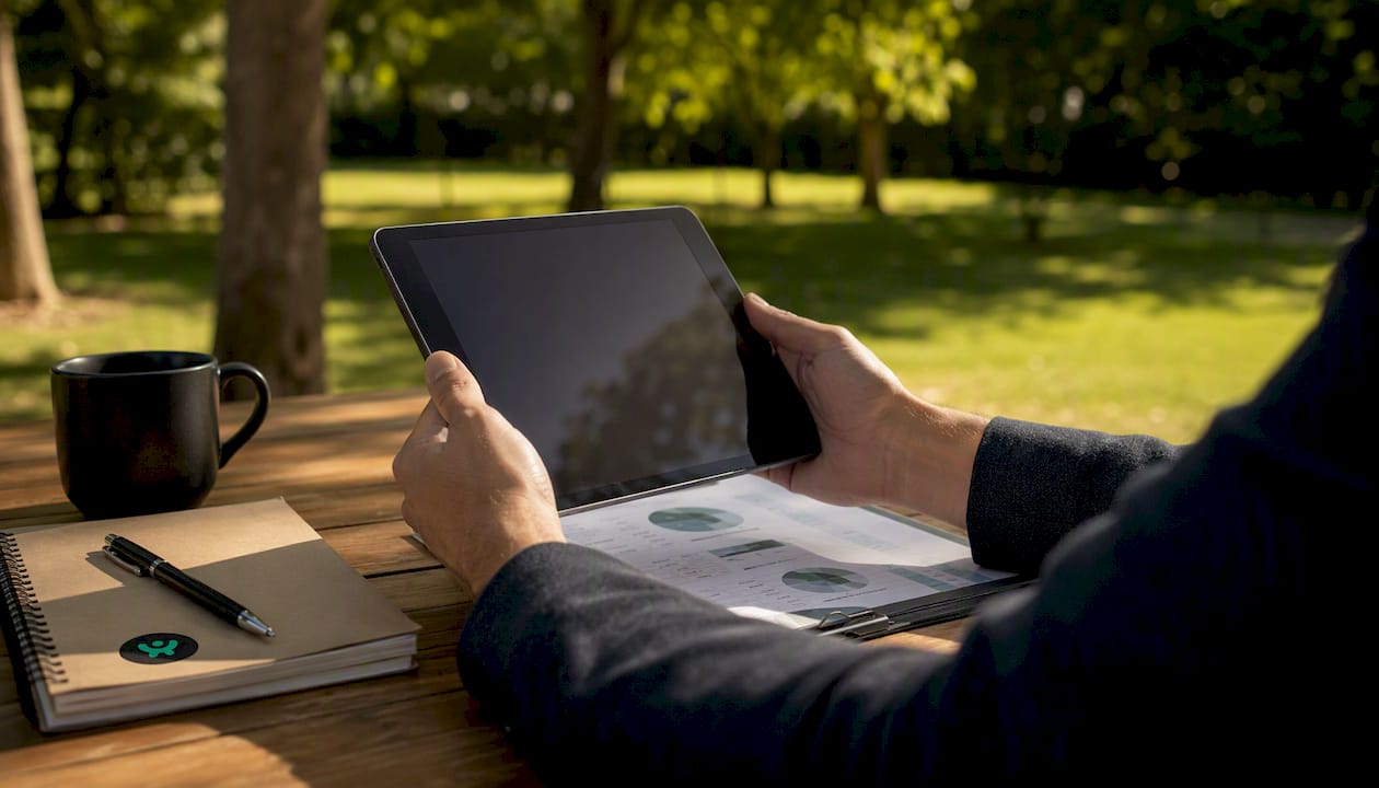 Una persona usando una tablet durante una reunión en la sala de juntas.