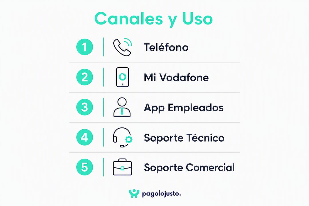 Guía visual con los pasos para contactar con los canales de atención de Vodafone
