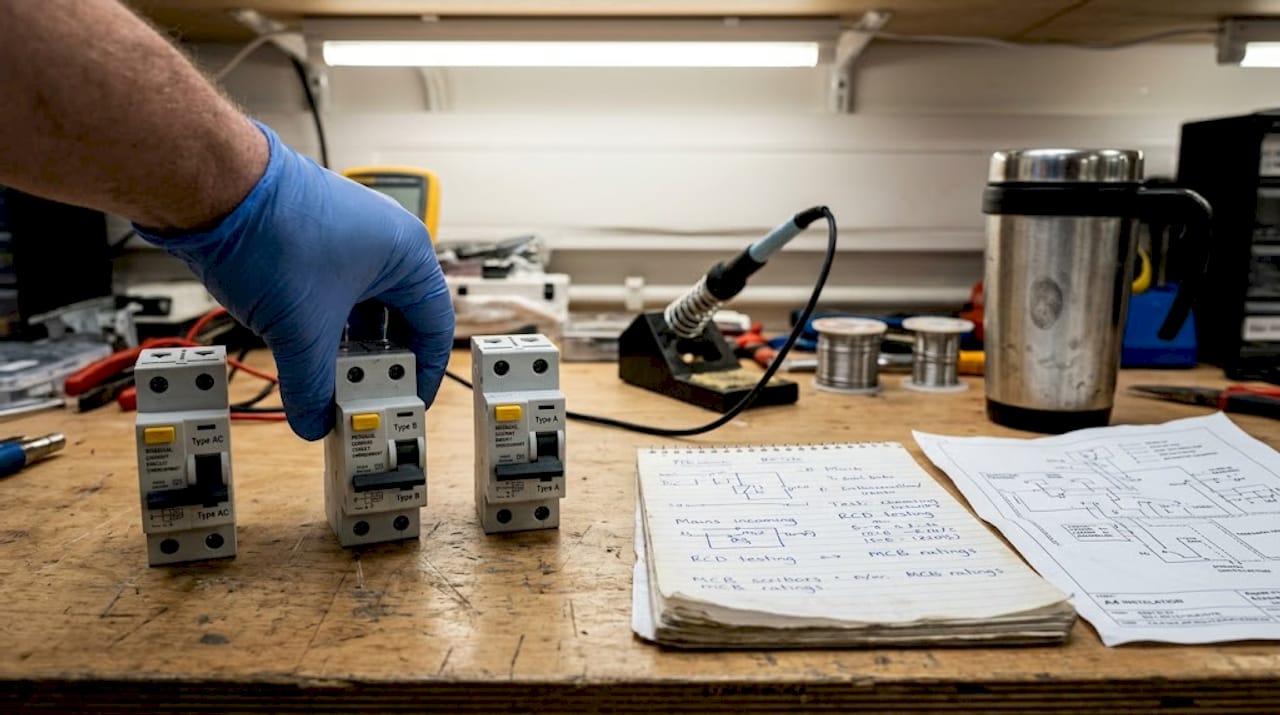 Different RCBOs on worktable with notes