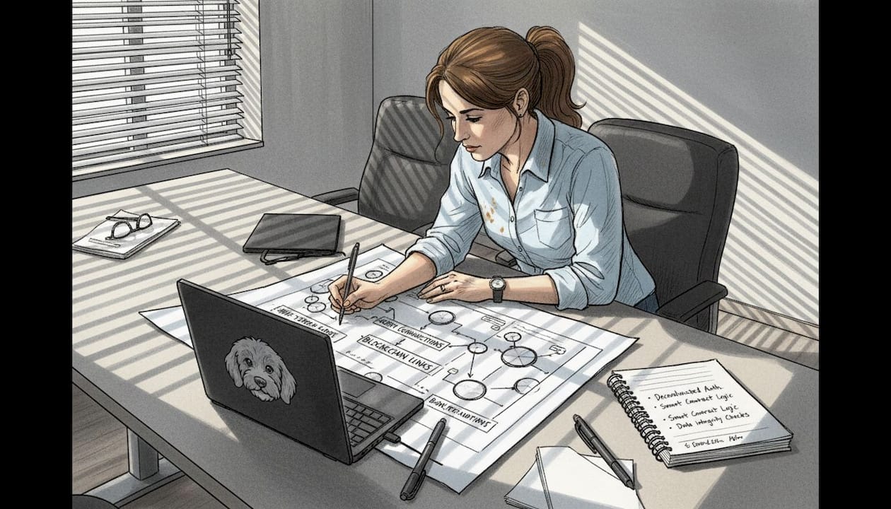 Manager reviewing blockchain networking diagram