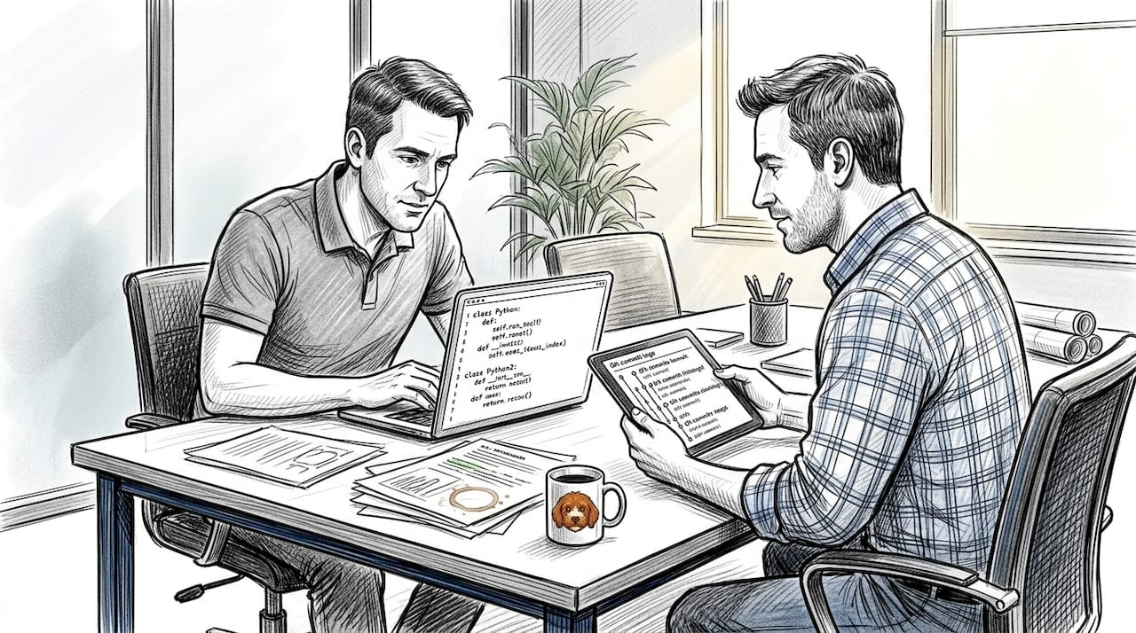 Engineers reviewing modular network scripts together