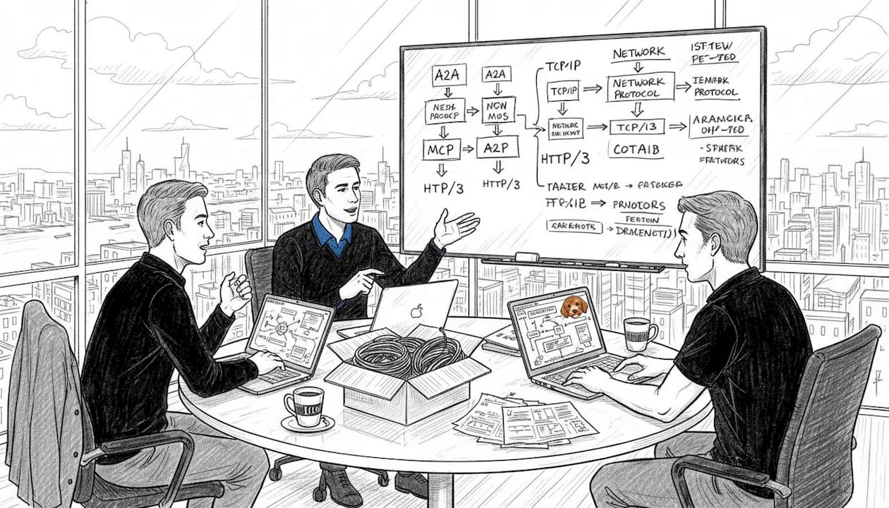 Team discusses AI networking protocols at desk