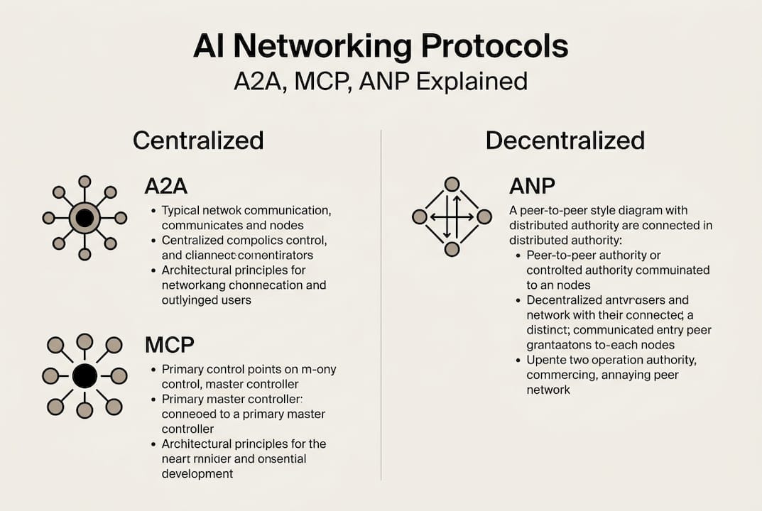 Infographic comparing A2A, MCP, ANP protocols
