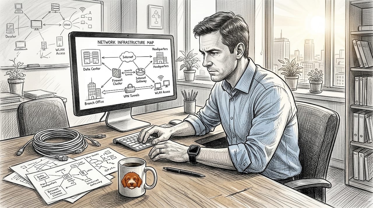 IT manager reviewing secure network diagram