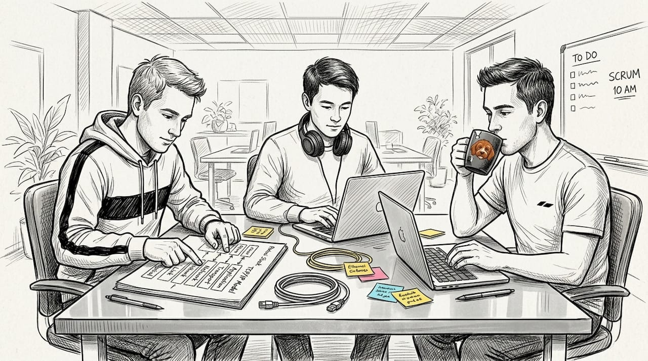 Engineers discussing protocol overlay diagrams