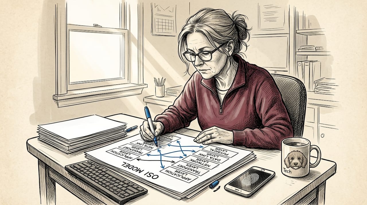 Engineer reviewing protocol diagram at desk