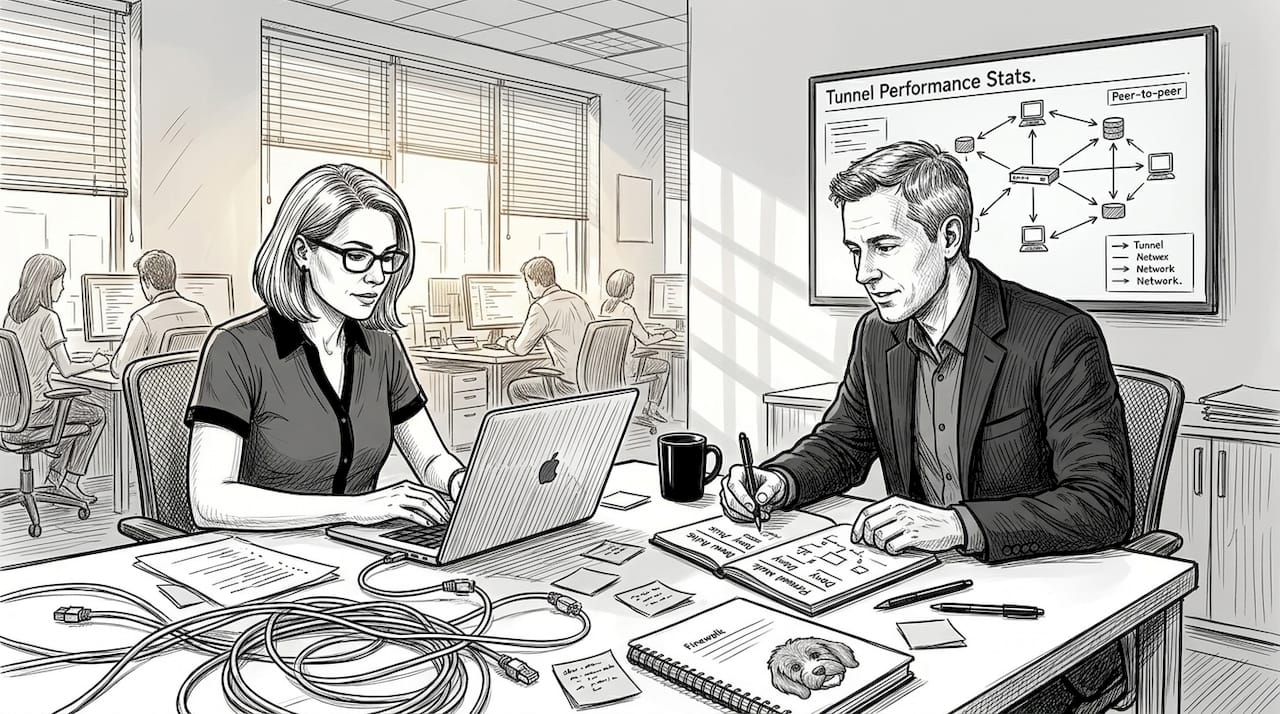 Network engineers collaborating on peer network