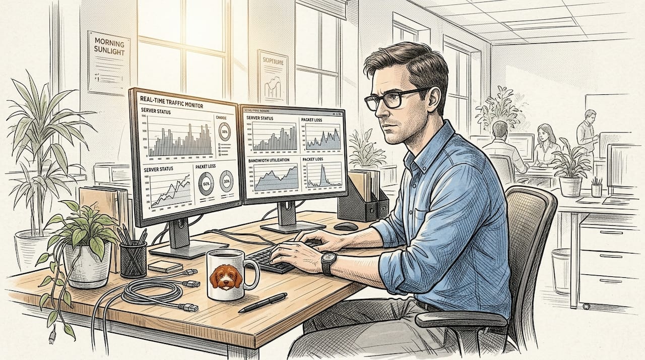 Engineer monitors network traffic workstation