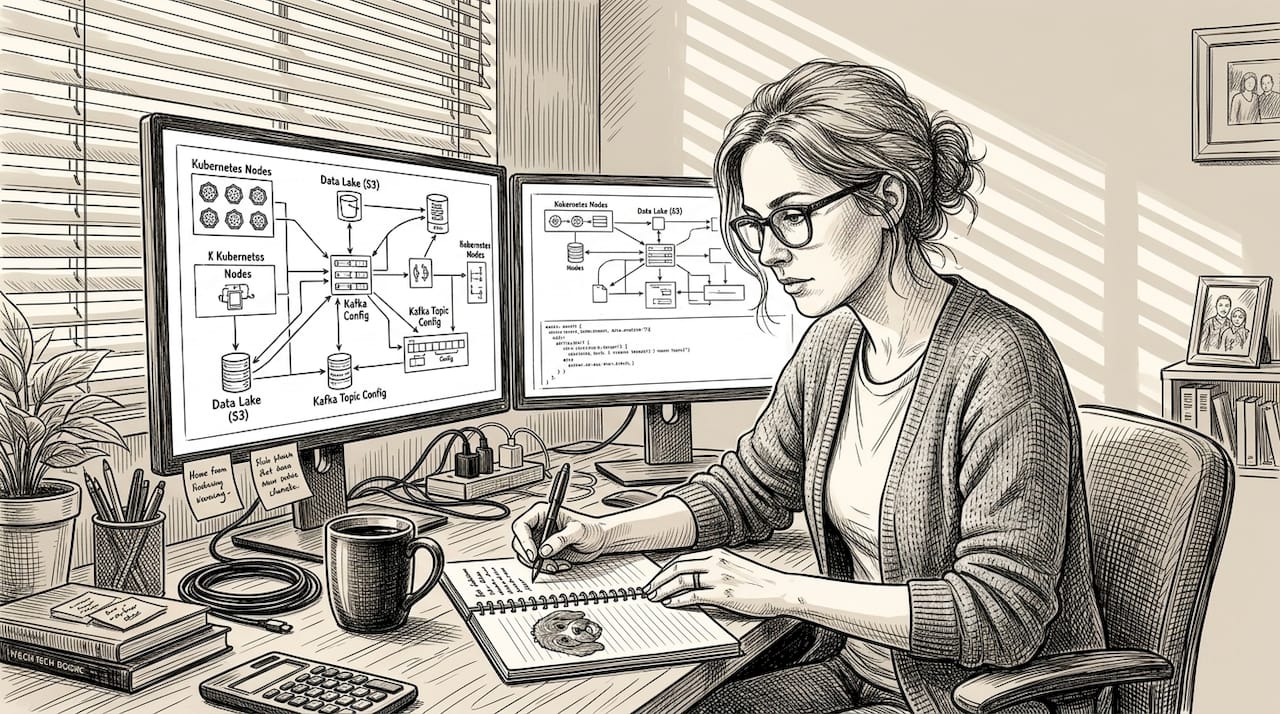 AI engineer reviewing network diagrams at home desk