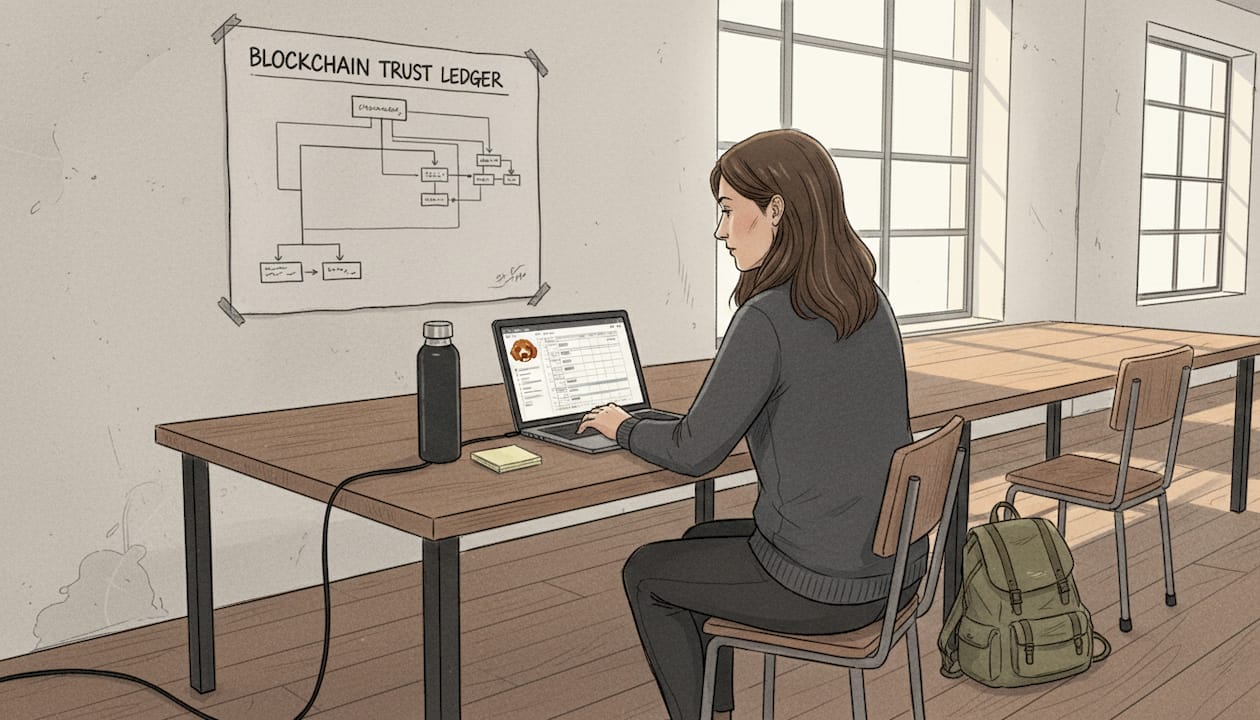 Engineer reviewing blockchain trust ledger flowchart