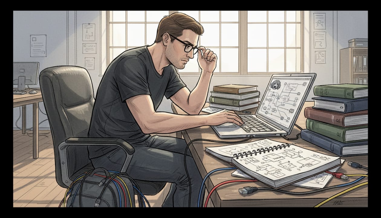 Network engineer working with protocol documents in workspace