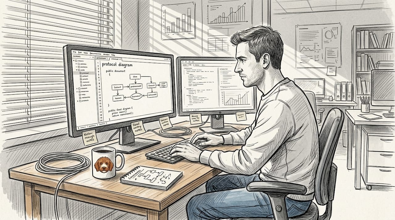 Engineer working on AI protocol at workstation