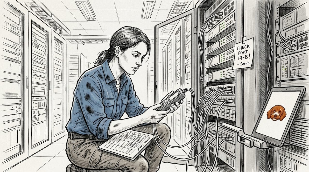 IT engineer traces cables in server rack