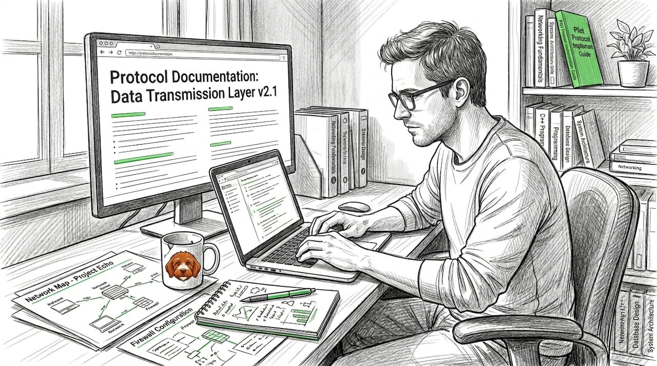 Engineer studying protocol on monitor at home office desk