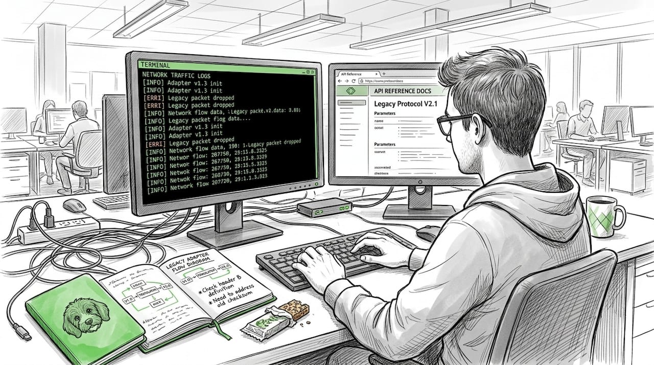Developer integrating legacy protocol adapters in office