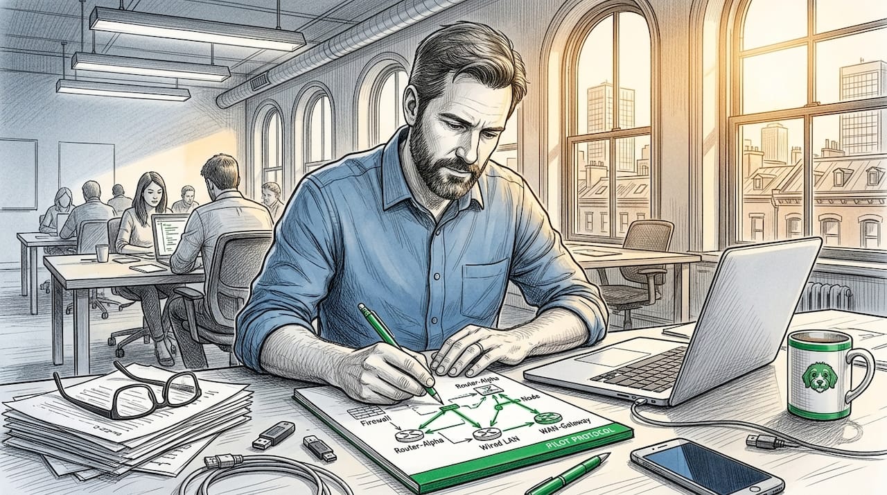Engineer sketching overlay network on paper