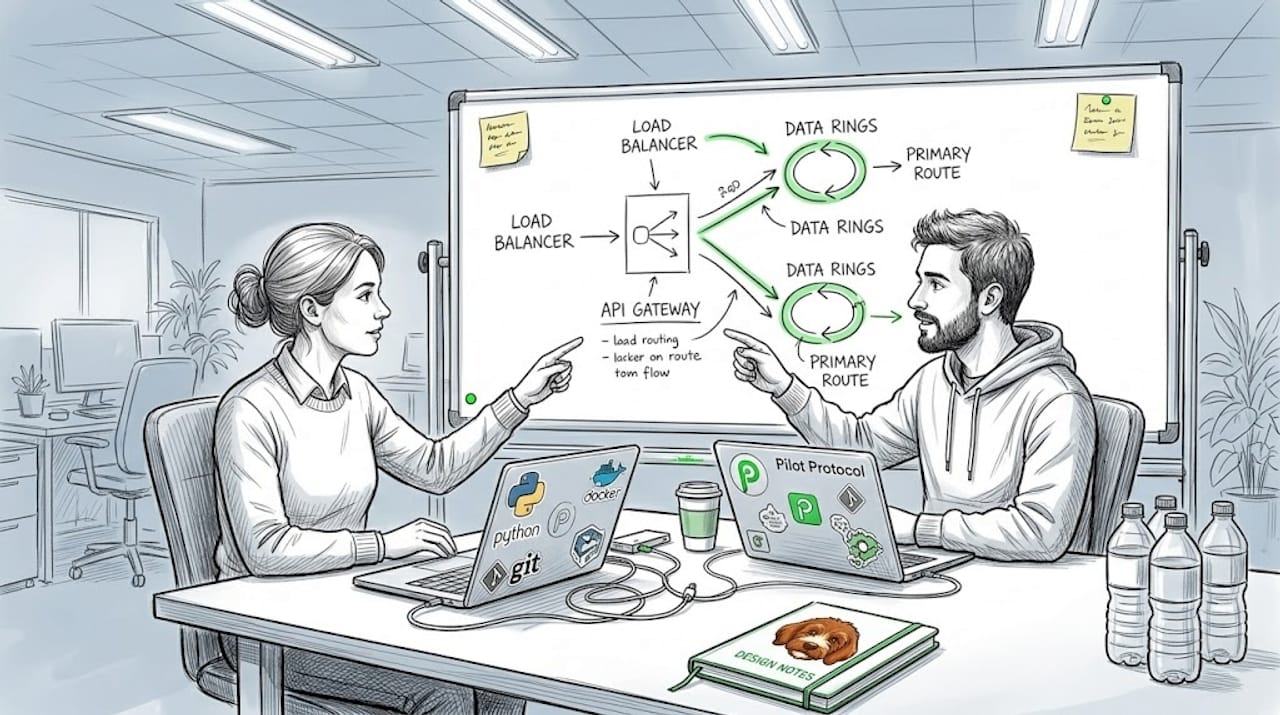 Engineers discussing network routing at whiteboard