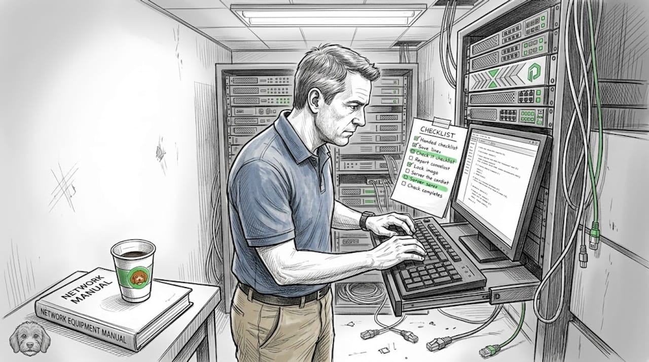 Technician maintaining servers and network cluster